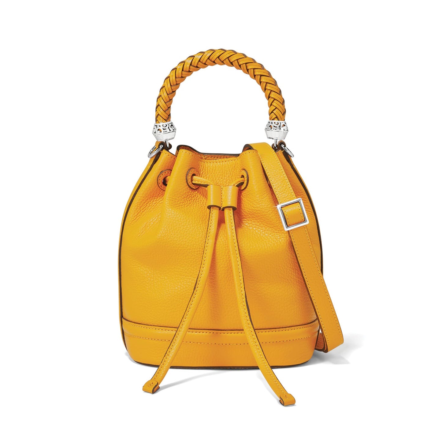 Brighton bucket handbag in yellow leather with braided top handle, drawstring closure, and silver-tone hardware on a white background