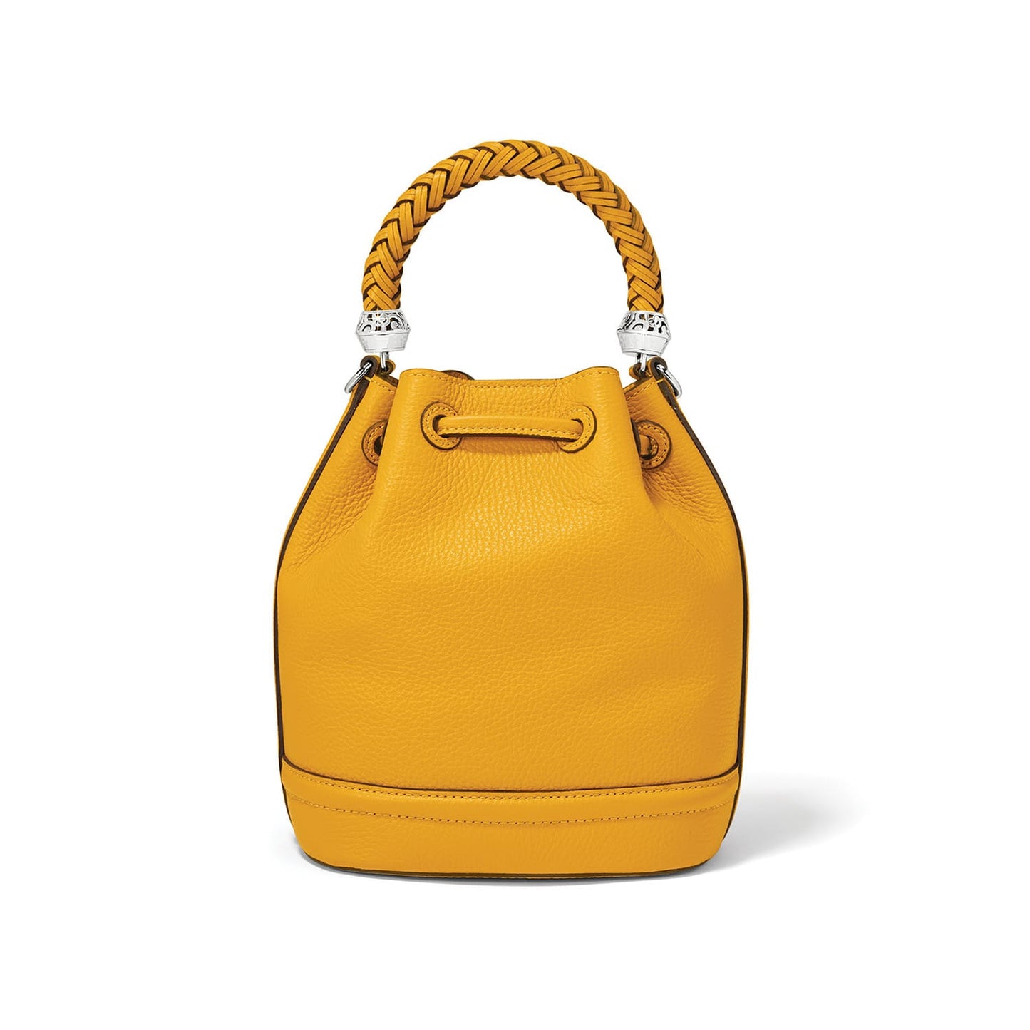 Brighton bucket handbag in yellow leather with braided top handle and silver-tone drawstring closure on a white background