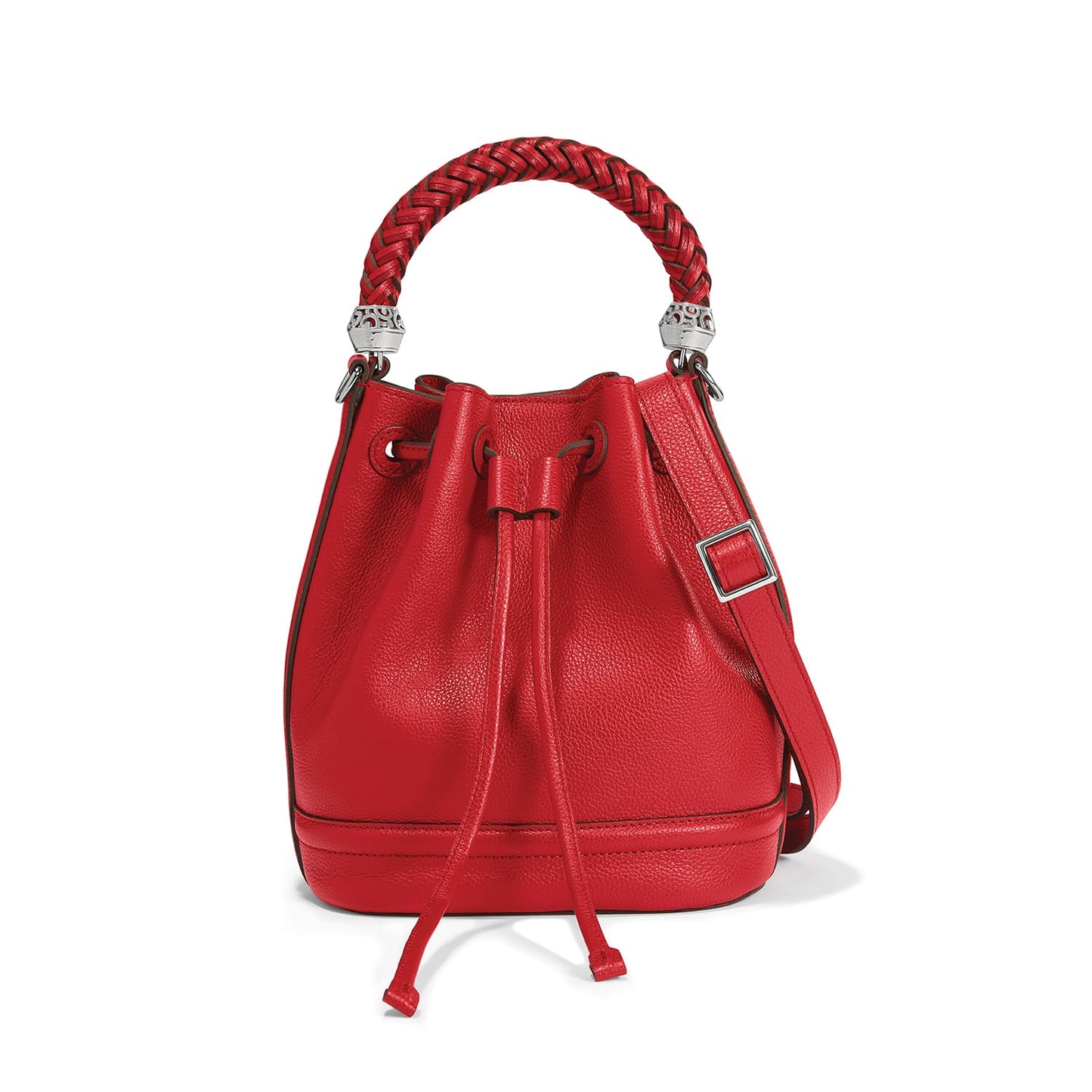 Brighton red leather bucket handbag with braided top handle, drawstring closure, and silver-tone accents on a white background