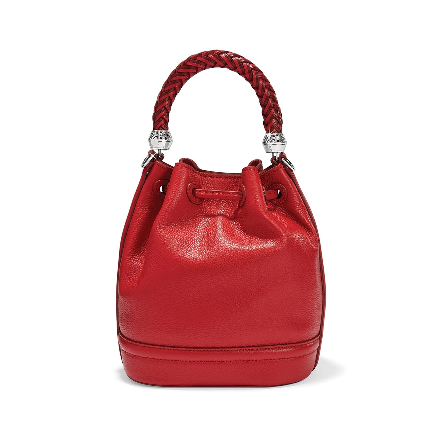 Brighton bucket handbag in red pebbled leather with braided top handle and silver-tone accents on a white background