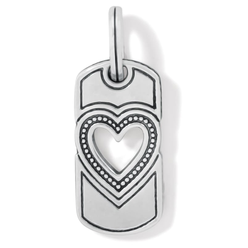 Brighton silver-plated charm with cutout heart center, beaded border, and chevron details on a white background