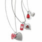 Brighton silver-plated necklaces with heart charms, red enamel accents, and red crystal pendants on a white background