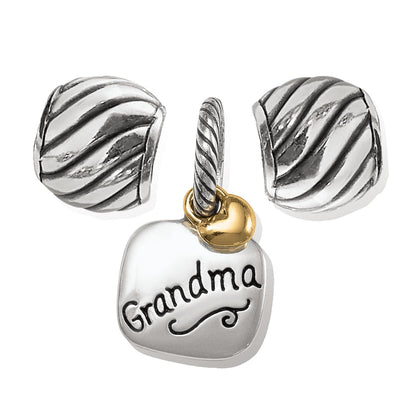 Brighton charm set with silver-tone twisted bead charms and square Grandma charm with gold-tone heart on a white background