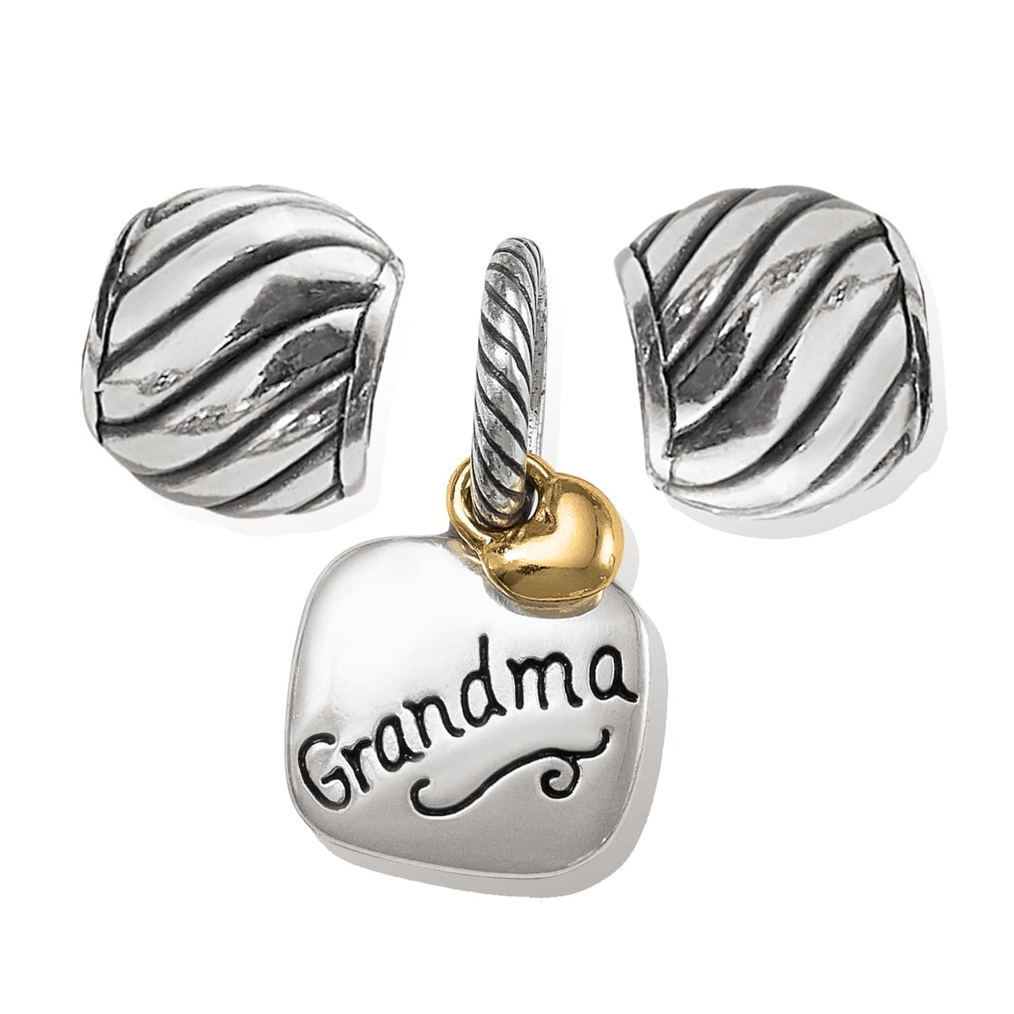 Brighton charm set with silver-tone twisted bead charms and square Grandma charm with gold-tone heart on a white background
