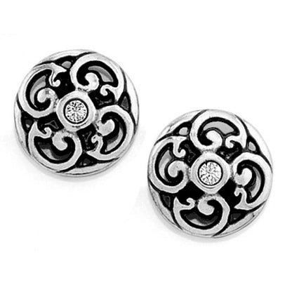Brighton stud earrings with silver-plated openwork scroll design and center crystal accents on a white background