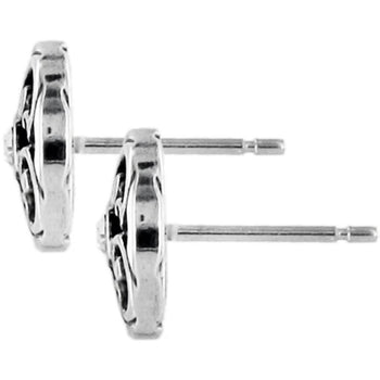 Brighton stud earrings with silver-plated openwork design and posts shown from the side on a white background