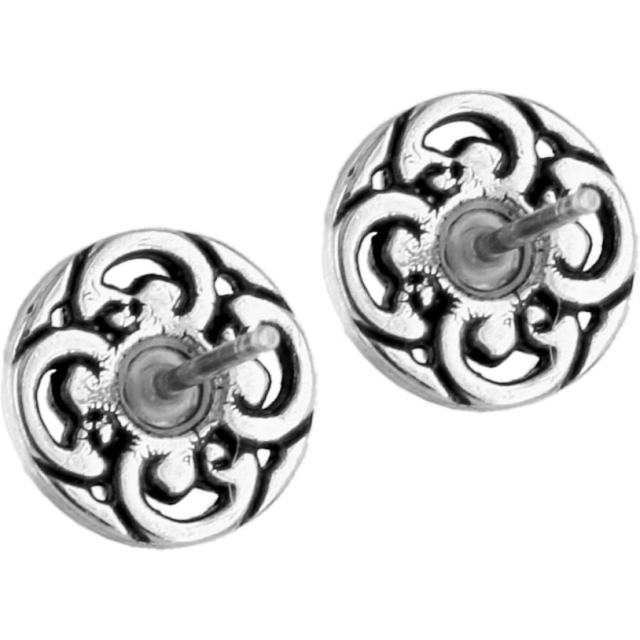 Brighton stud earrings with silver-plated openwork scroll design in a round shape on a white background