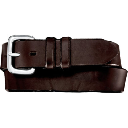 Brighton dark brown leather belt with silver-tone buckle and double keeper loops on a white background