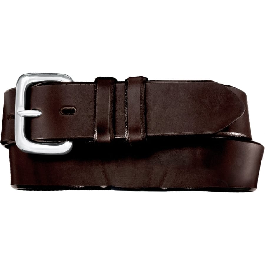 Brighton dark brown leather belt with silver-tone buckle and double keeper loops on a white background