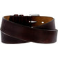 Brighton dark brown leather belt coiled with silver-tone buckle and stitched edges on a white background