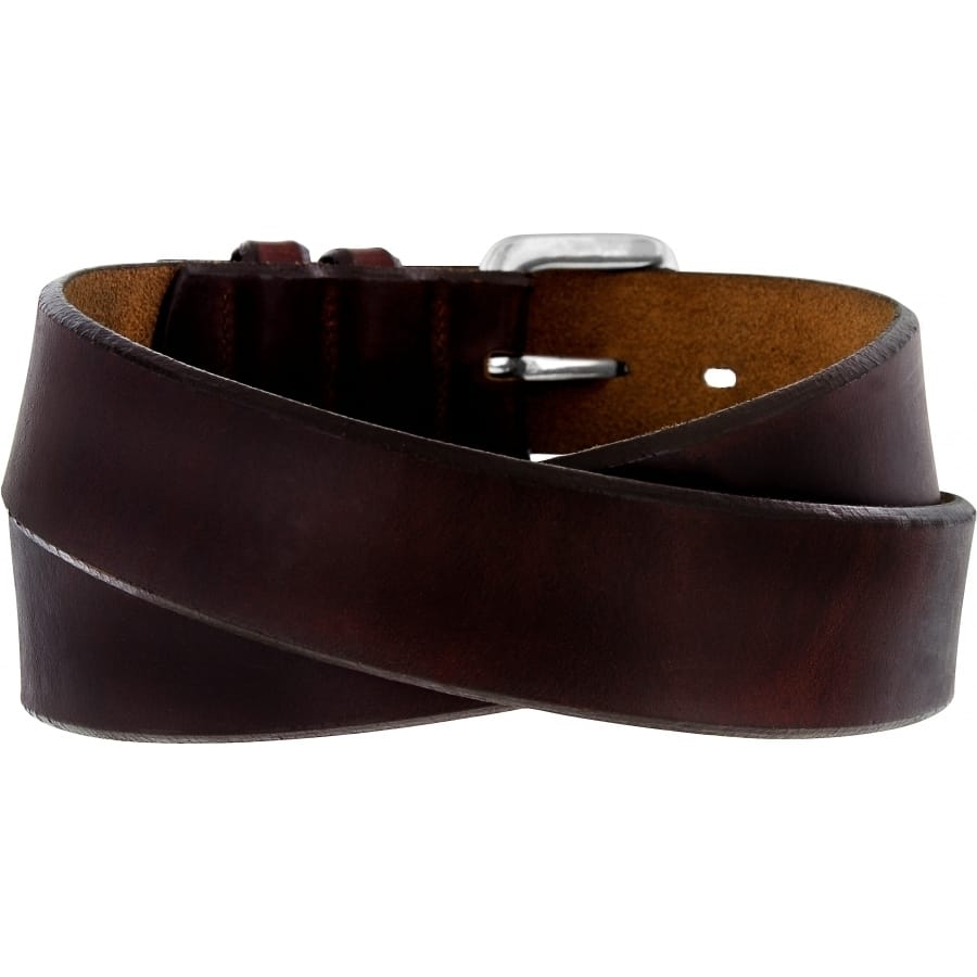 Brighton dark brown leather belt coiled with silver-tone buckle and stitched edges on a white background