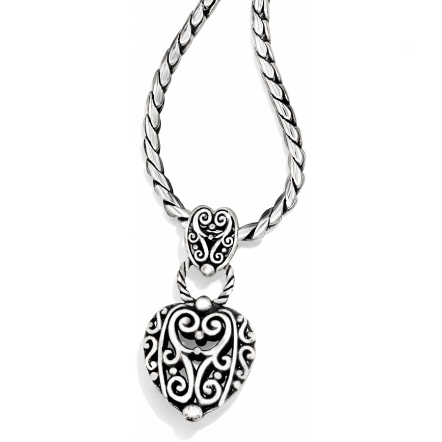 Brighton pendant necklace with silver-plated heart charm featuring ornate scrollwork and twisted rope chain on a white background