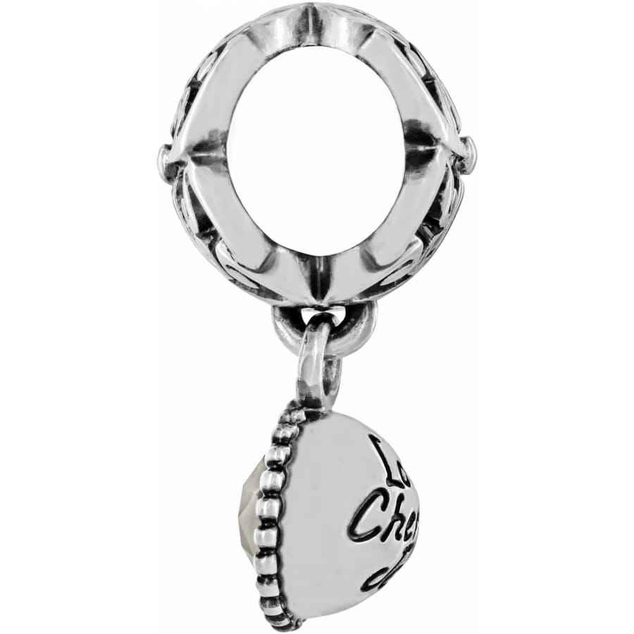 Brighton charm with silver-plated openwork bead and dangling engraved heart pendant on a white background