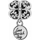 Brighton charm with silver-plated scrollwork design and dangling round disc engraved Love Cherish Joy on a white background