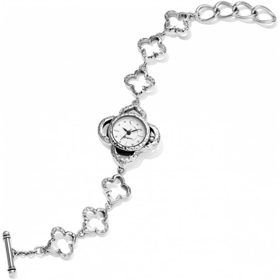 Brighton watch with silver-tone hammered clover link bracelet, crystal accents, and toggle clasp on a white background