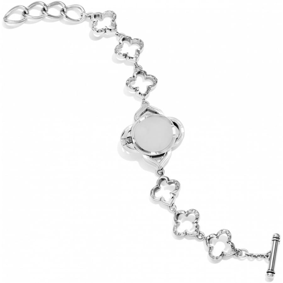 Brighton bracelet shown from the back with silver-tone clover links, round centerpiece, and toggle clasp on a white background