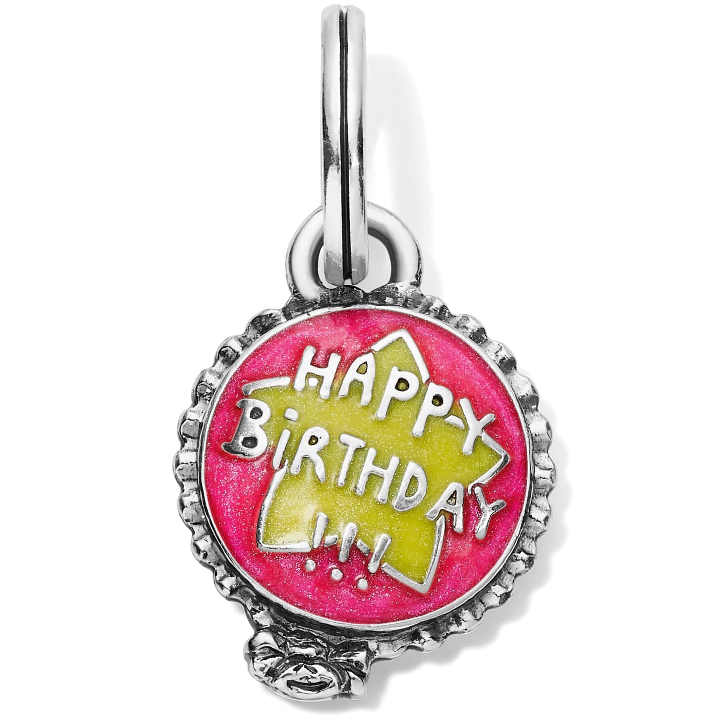 Brighton charm with pink and yellow enamel Happy Birthday design and silver-plated beaded border on a white background