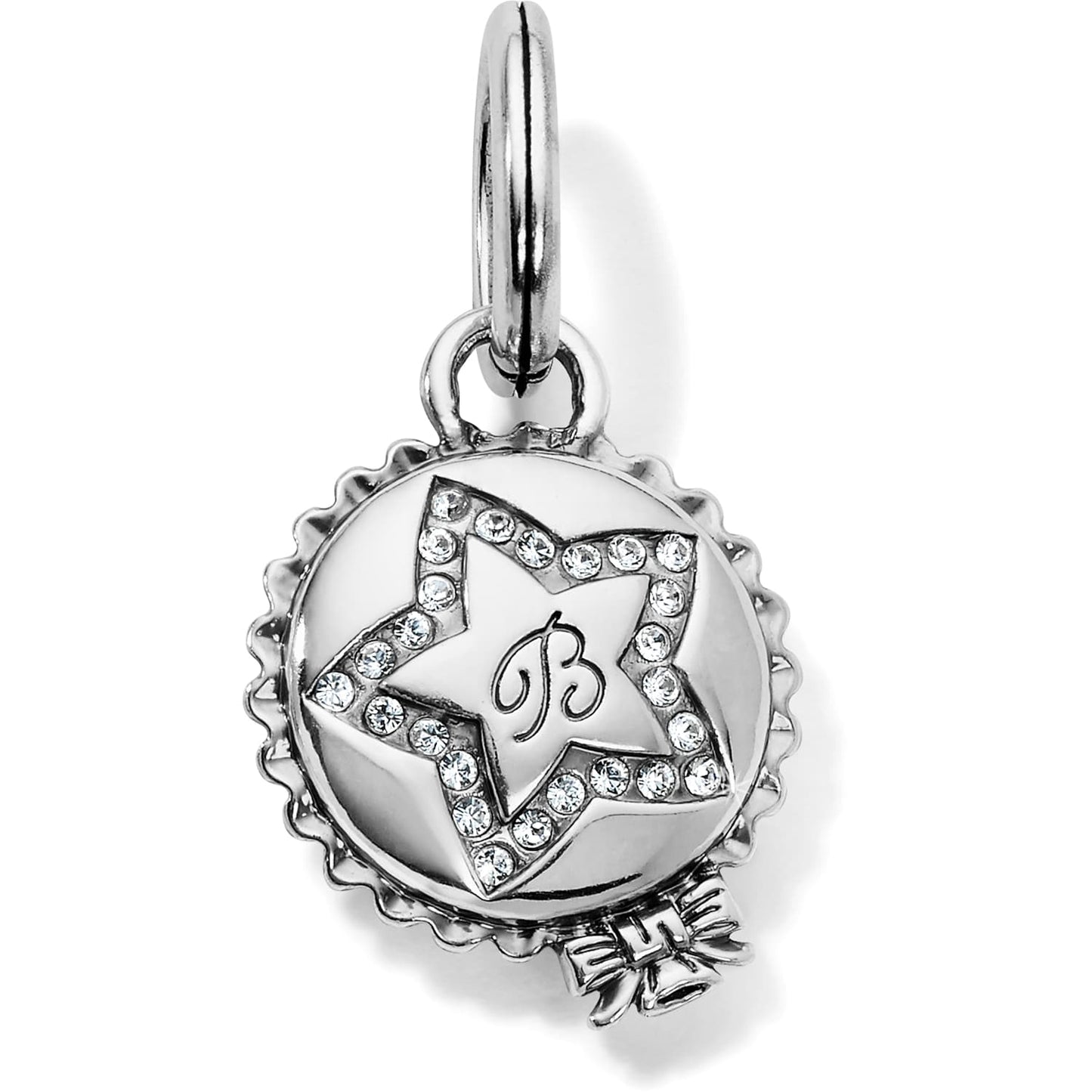 Brighton charm with silver-plated crystal star, engraved B initial, and bow accent on a white background