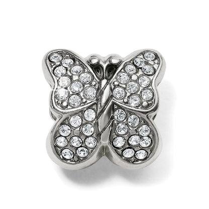 Brighton silver-plated butterfly charm with pavé crystal wings and polished silver body on a white background