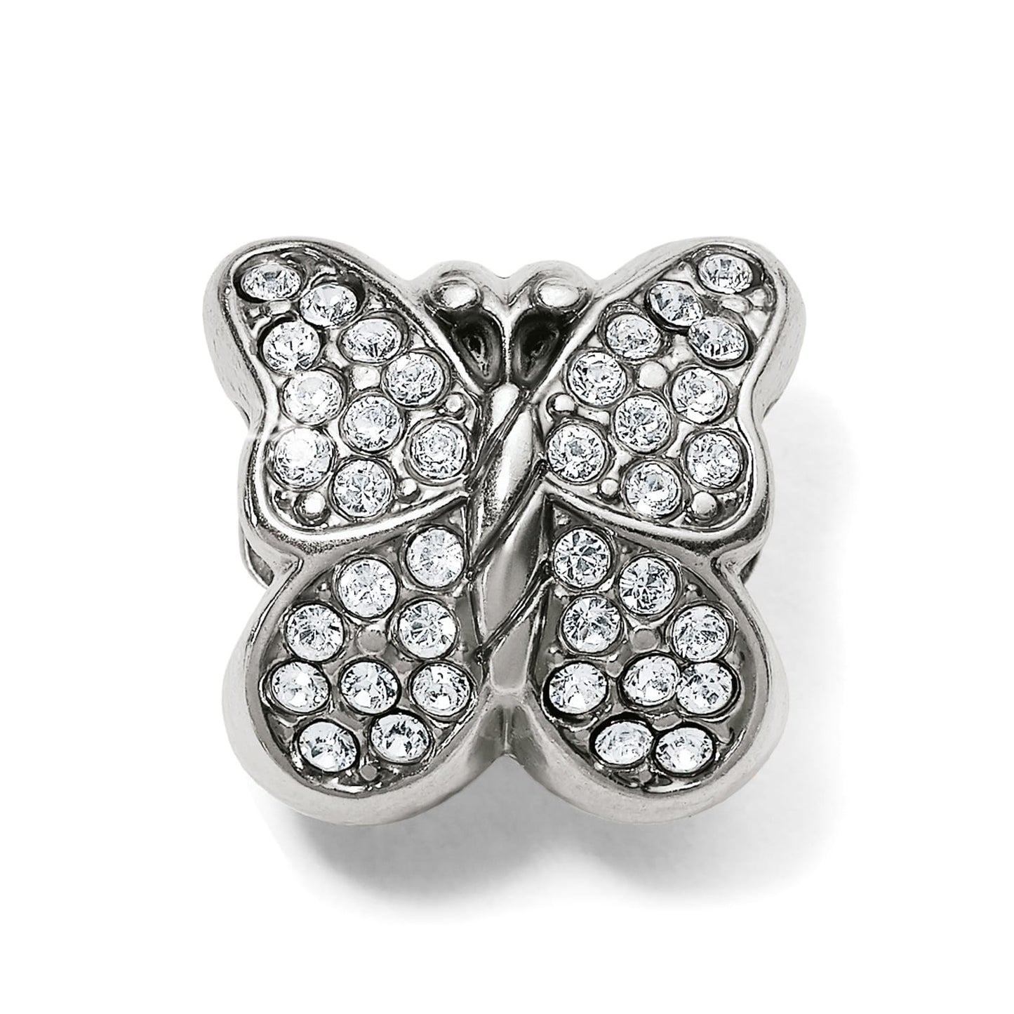 Brighton silver-plated butterfly charm with pavé crystal wings and polished silver body on a white background