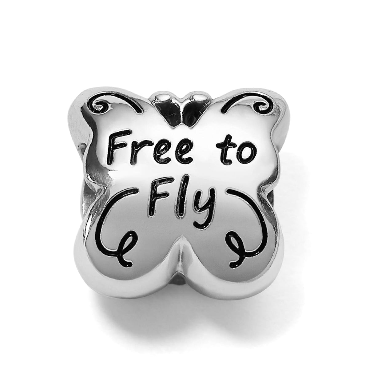 Brighton silver-plated butterfly charm engraved with Free to Fly text and decorative scroll details on a white background