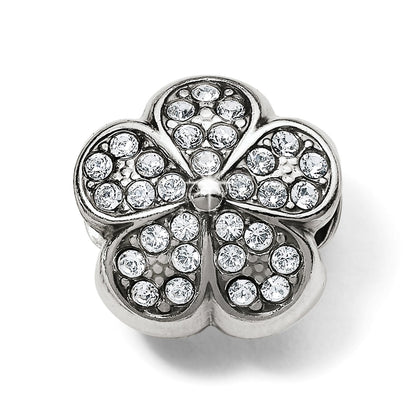 Brighton silver-plated flower charm bead with crystal-encrusted petals and beaded center on a white background