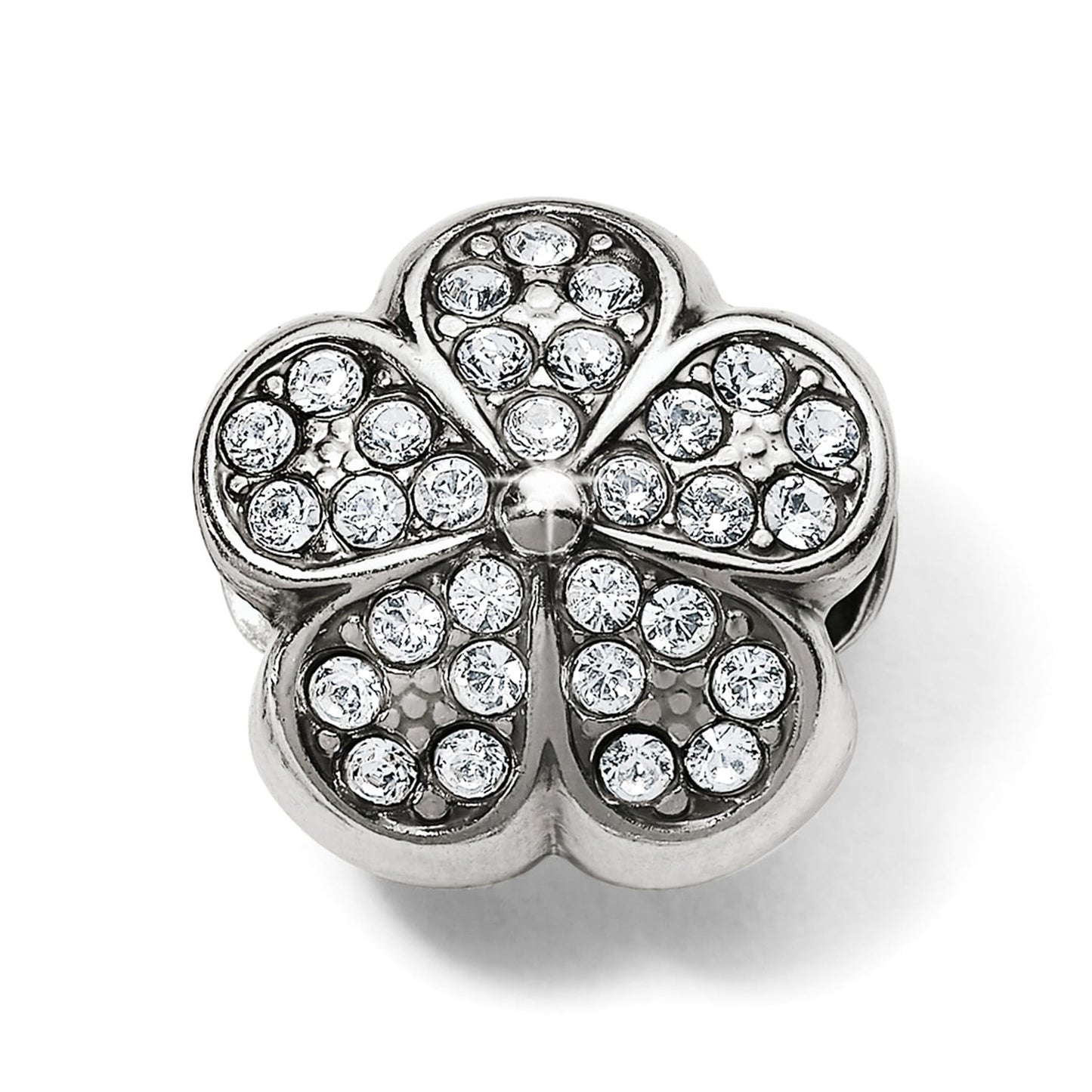 Brighton silver-plated flower charm bead with crystal-encrusted petals and beaded center on a white background