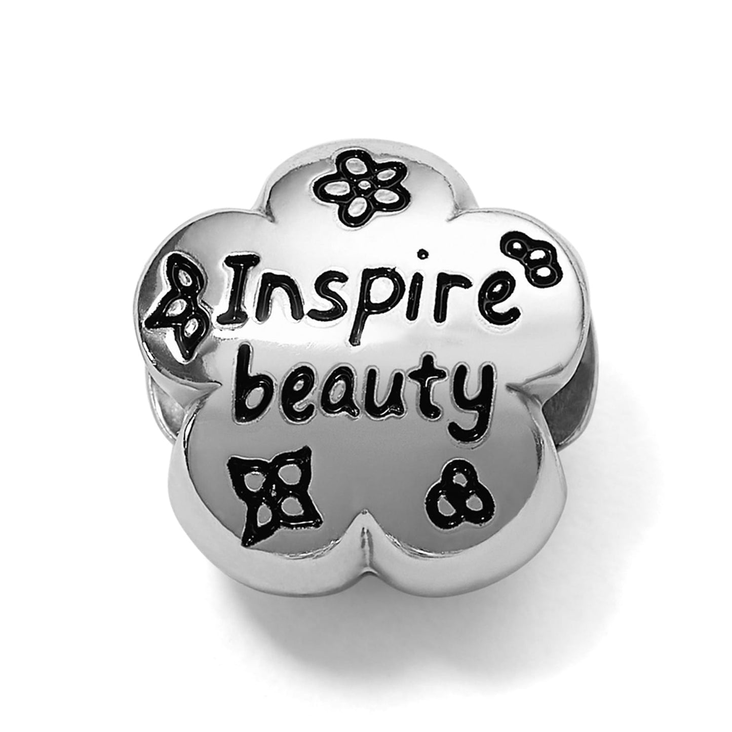 Brighton flower-shaped charm bead with silver-plated finish and engraved Inspire beauty text with floral accents on a white background