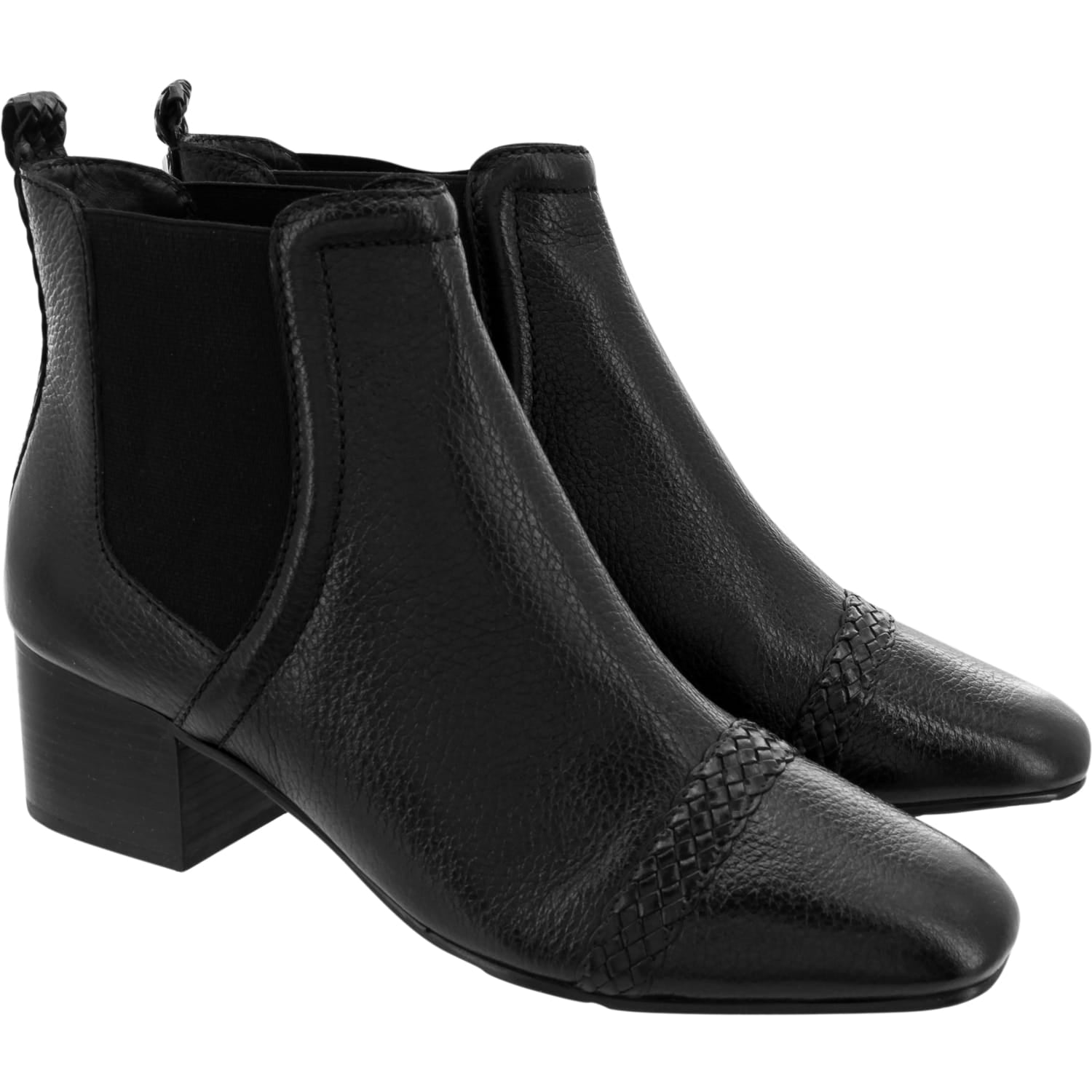 Brighton black leather ankle boots with block heel, elastic side panels, and braided detail on a white background