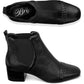 Brighton black leather ankle boots with block heel, elastic side panels, and textured snakeskin trim on a white background