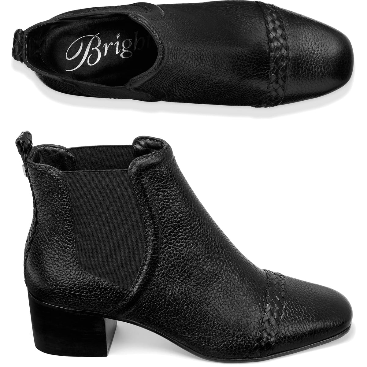 Brighton black leather ankle boots with block heel, elastic side panels, and textured snakeskin trim on a white background