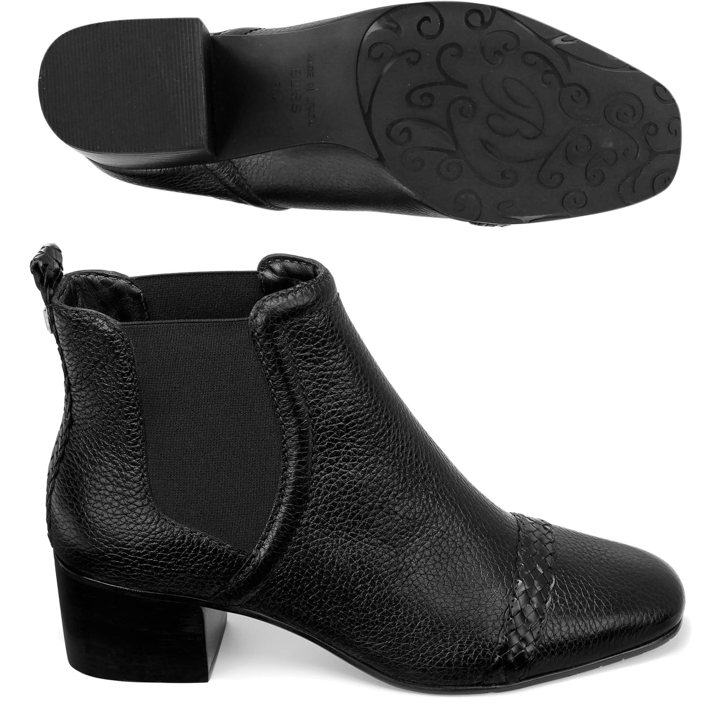 Brighton black leather ankle boots with block heel, elastic side panels, and patterned sole on a white background