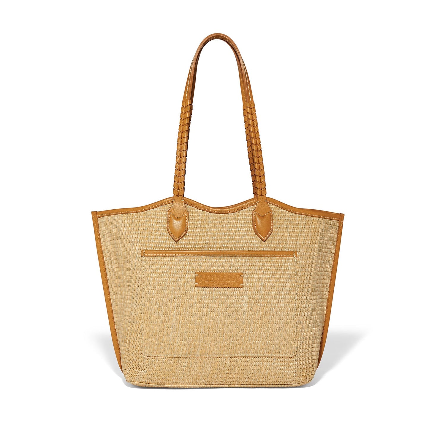 Brighton woven straw tote handbag with tan leather braided shoulder straps and front pocket on a white background