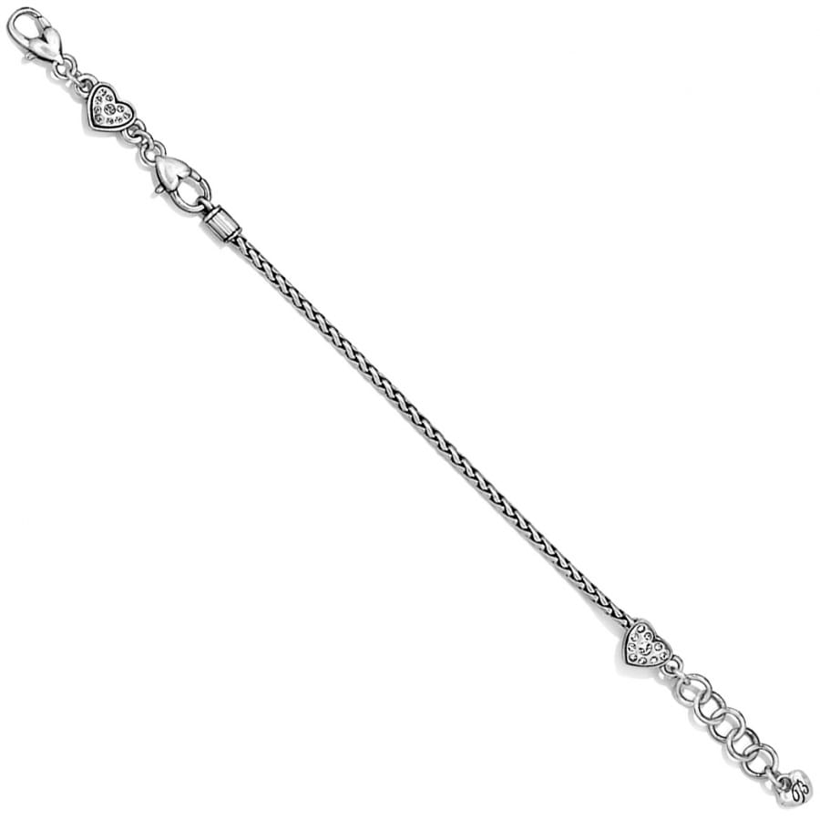 Brighton silver-plated chain bracelet with small crystal heart charms and lobster clasp on a white background