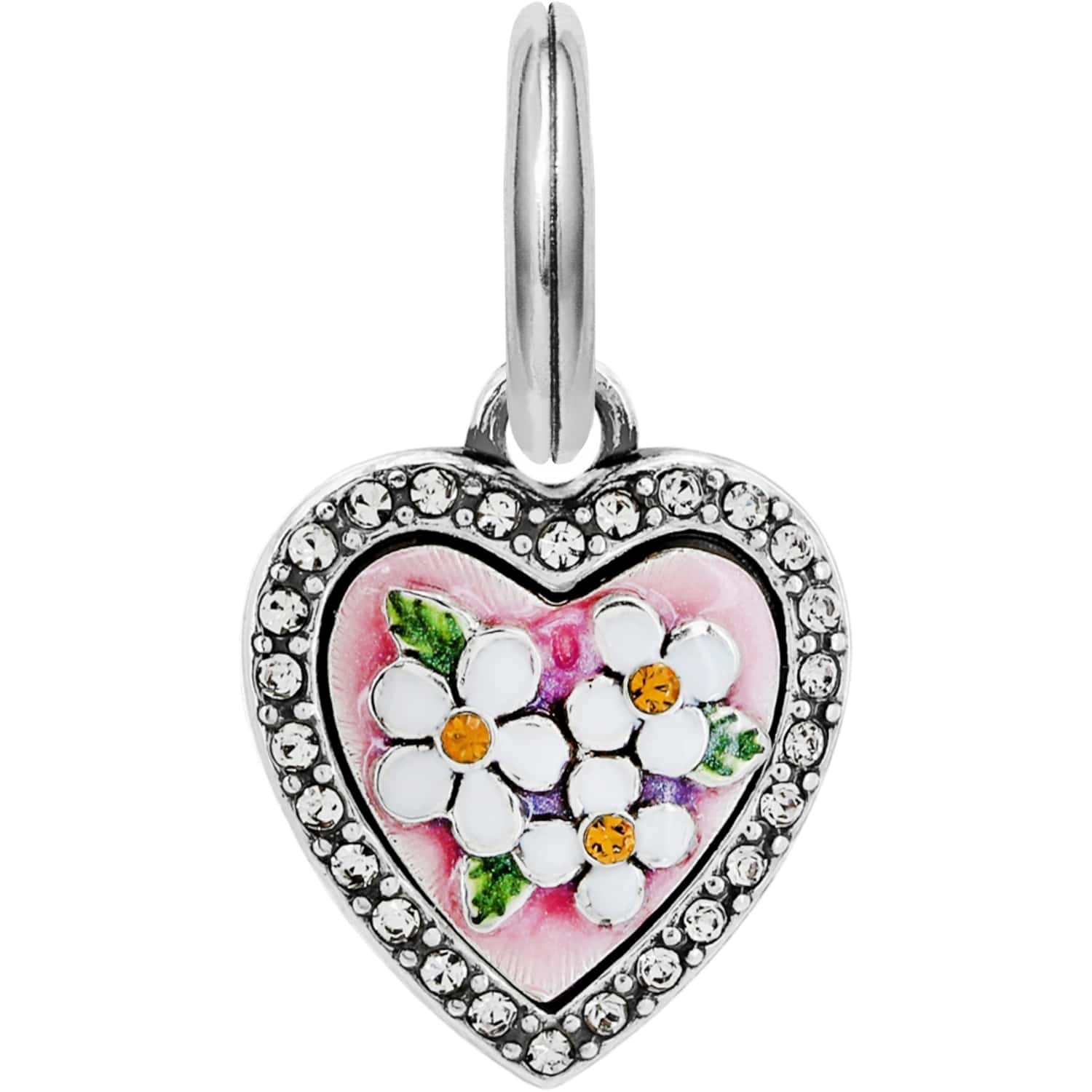 Brighton heart charm with pink enamel, white flowers, crystal border, and silver-plated split ring on a white background