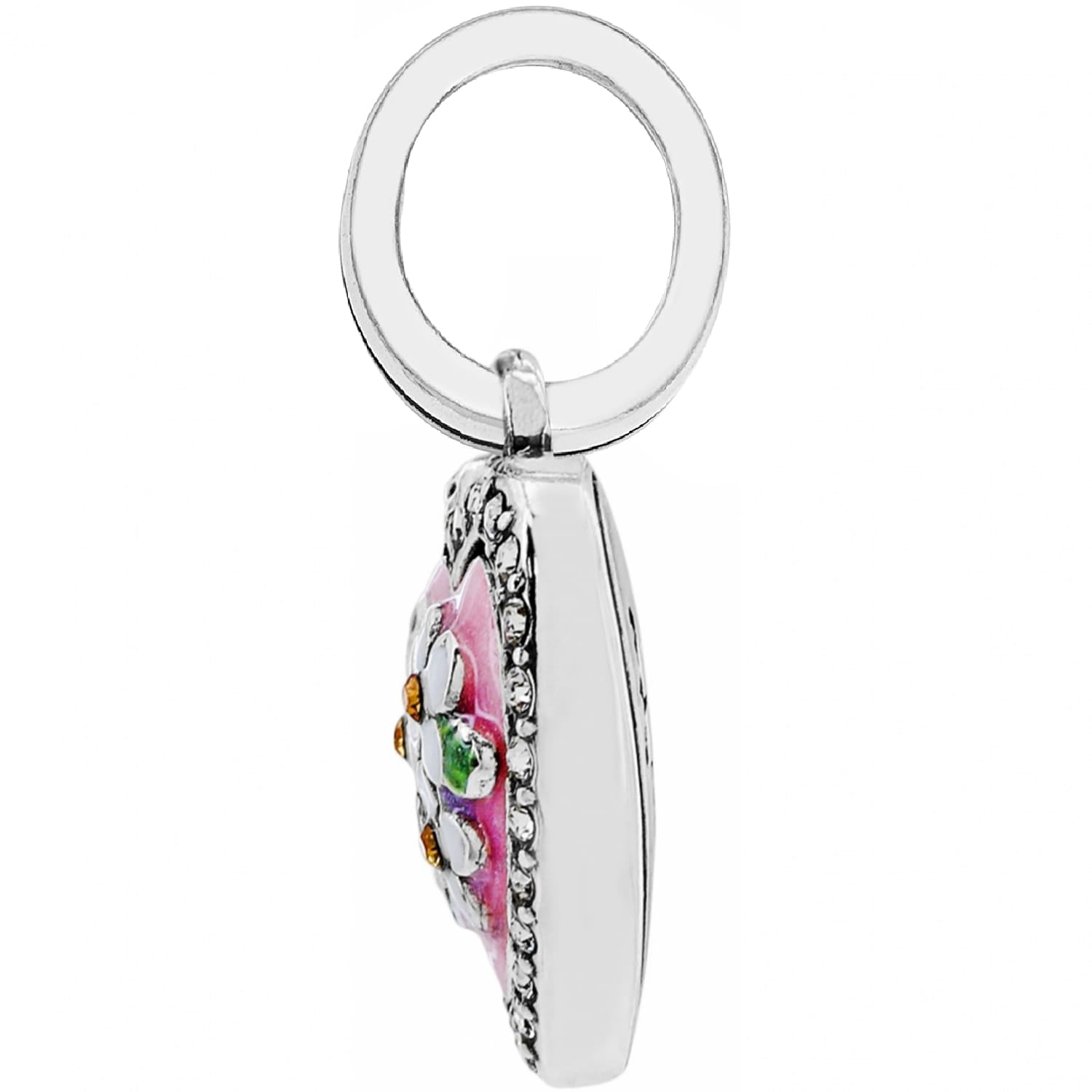 Brighton charm shown from the side with silver-plated finish, pink enamel floral design, and crystal accents on a white background