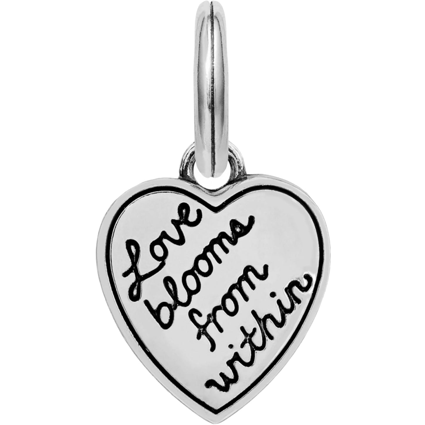Brighton heart charm with silver-plated finish engraved with the phrase love blooms from within on a white background
