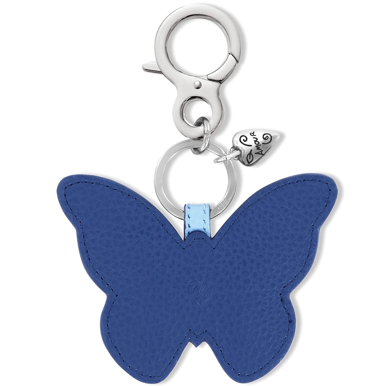 Brighton butterfly bag charm in blue leather with silver-tone clasp and heart accent on a white background
