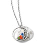 Brighton pendant necklace with silver-plated butterfly, colorful enamel wings, mother-of-pearl floral disc, and crystal accent on a white background