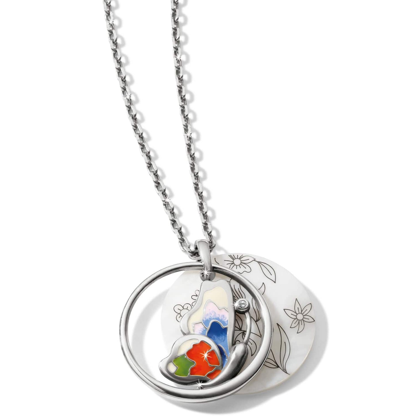 Brighton pendant necklace with silver-plated butterfly, colorful enamel wings, mother-of-pearl floral disc, and crystal accent on a white background