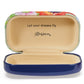 Brighton case shown open with floral interior lid, tan suede lining, navy exterior, and inscribed message on a white background
