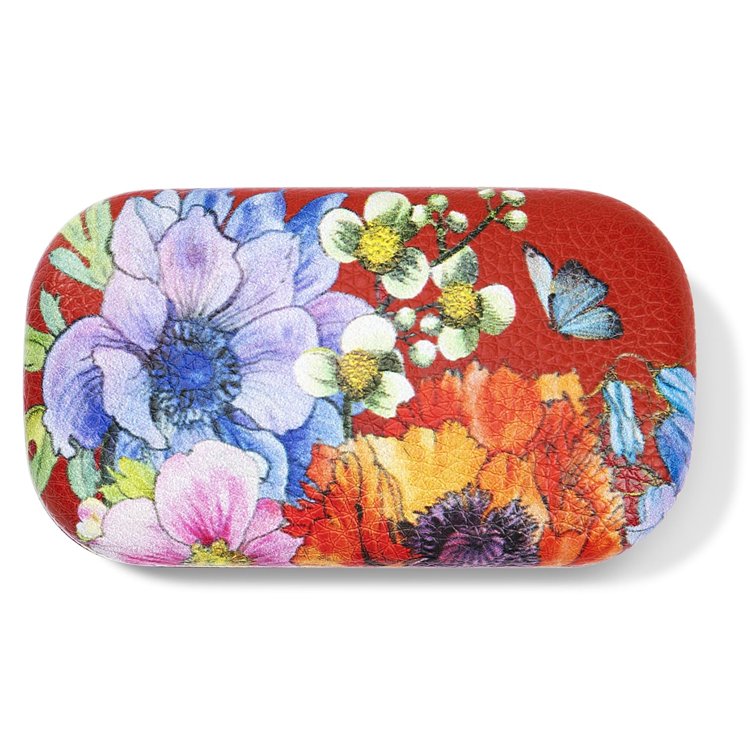 Brighton case with floral print featuring purple, pink, orange blooms and a blue butterfly on red background
