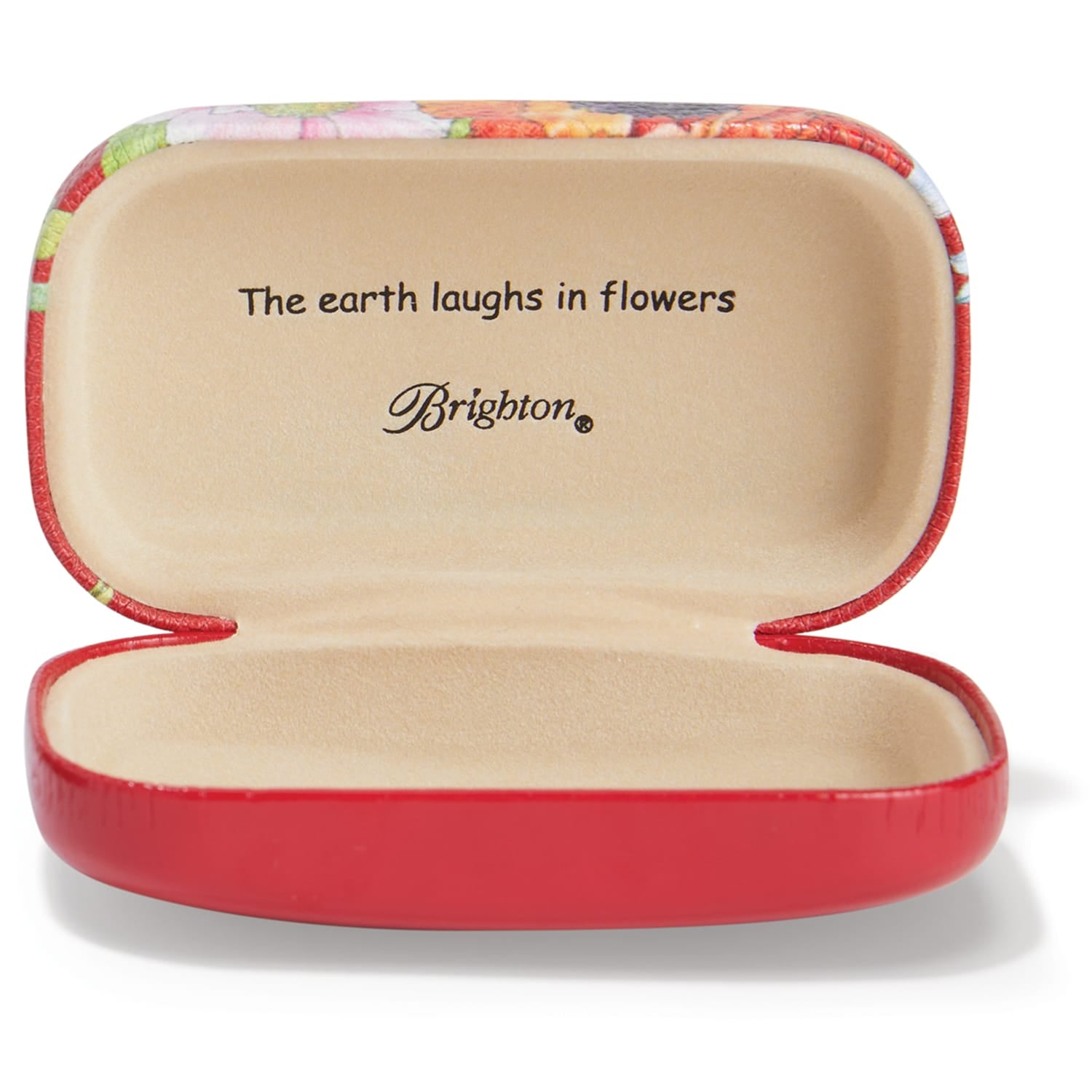 Brighton sunglasses case shown open with red trim, beige interior, and floral print exterior on a white background