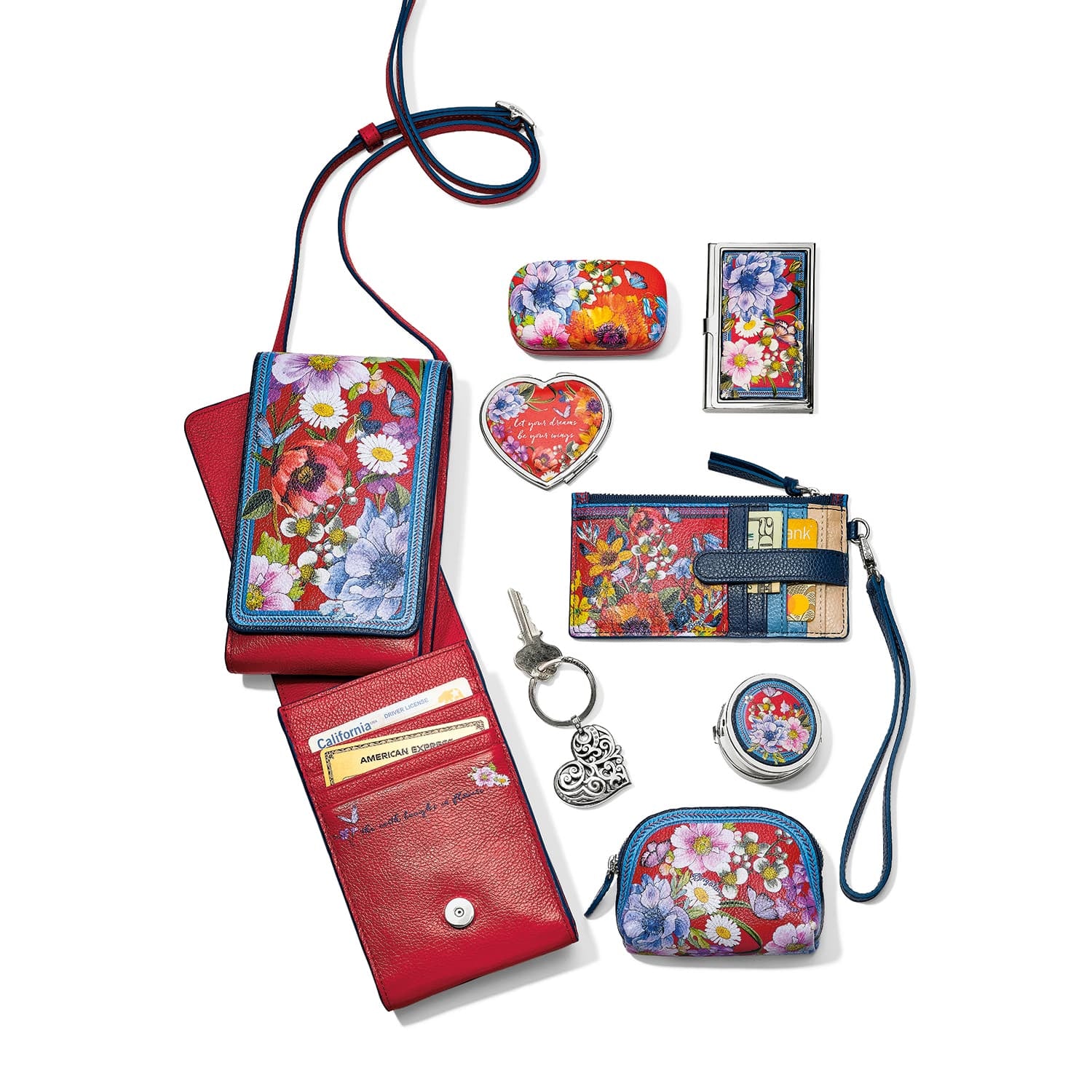 Brighton red leather crossbody phone bag with floral print, styled with matching wallet and other accessories