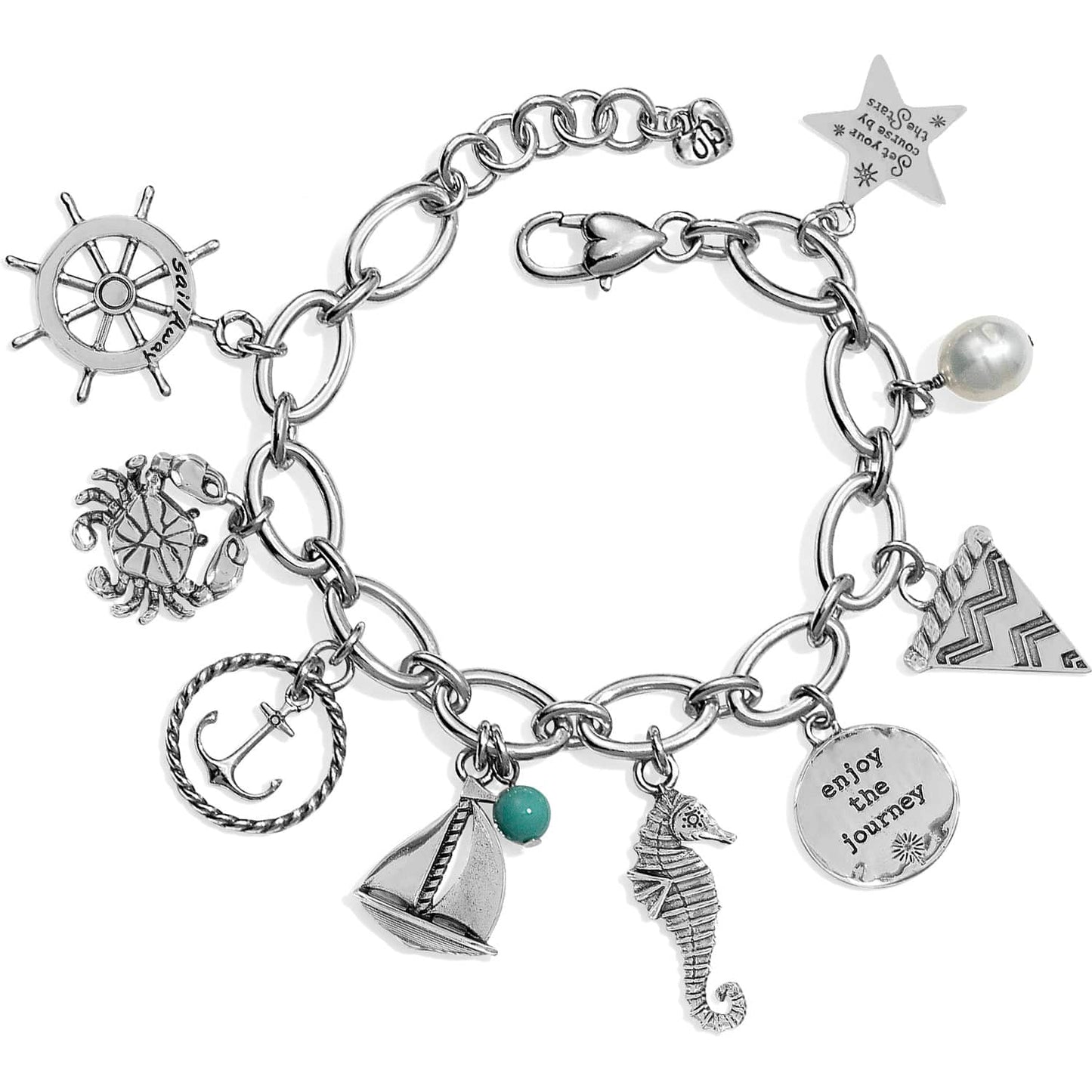 Brighton charm bracelet with silver-plated nautical charms including anchor, seahorse, sailboat, crab, and star on a white background