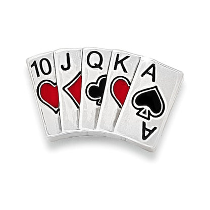 Brighton silver-plated charm featuring a royal flush poker hand with red and black enamel suits on a white background