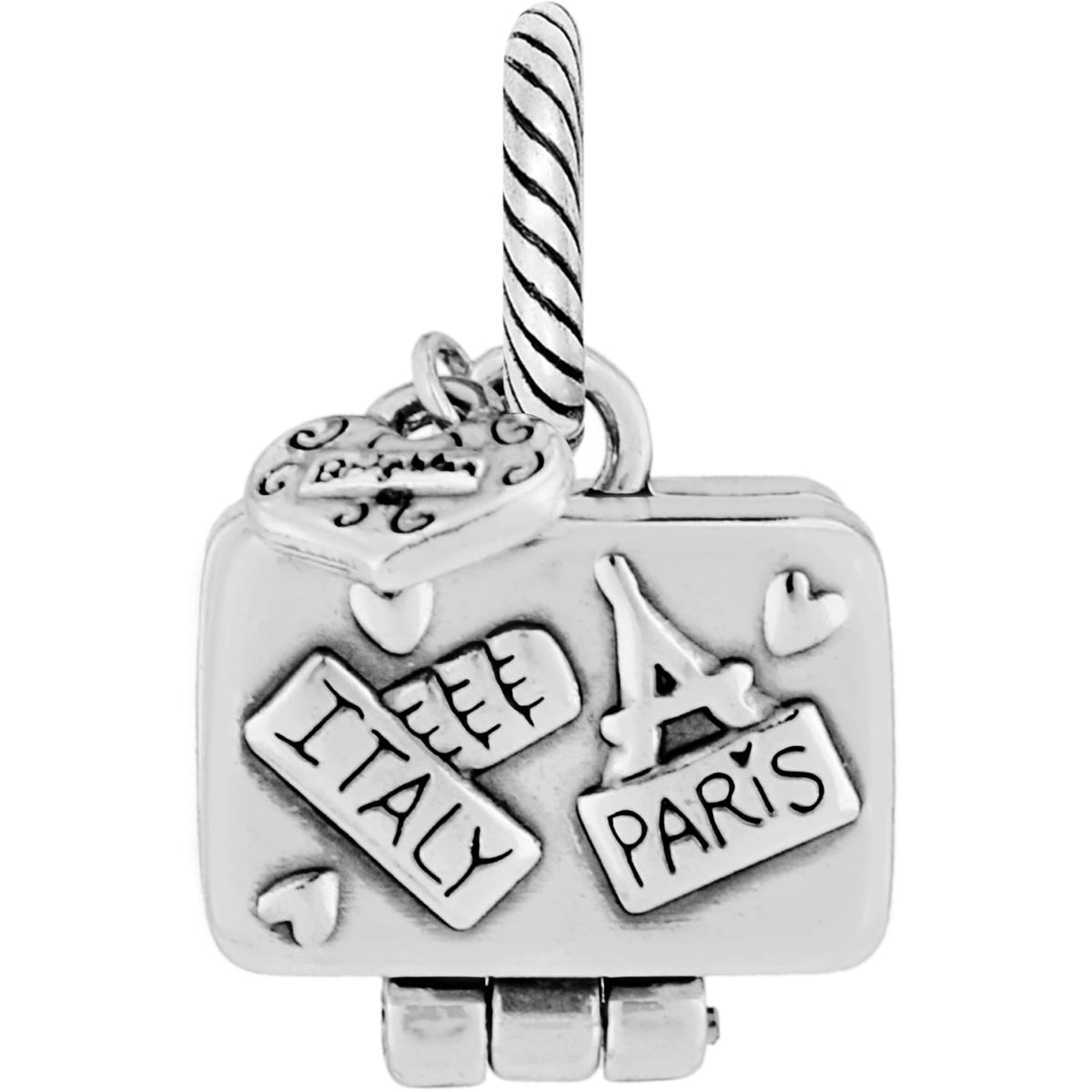 Brighton suitcase charm with silver-plated Italy and Paris travel labels and heart accents on a white background