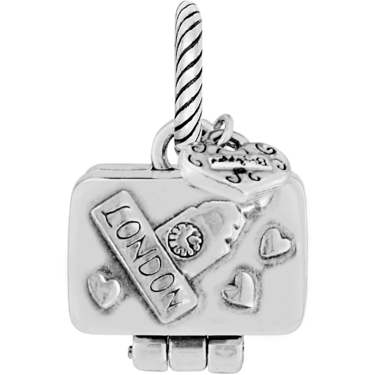 Brighton suitcase charm with silver-plated London design, heart accents, and small heart charm on a white background