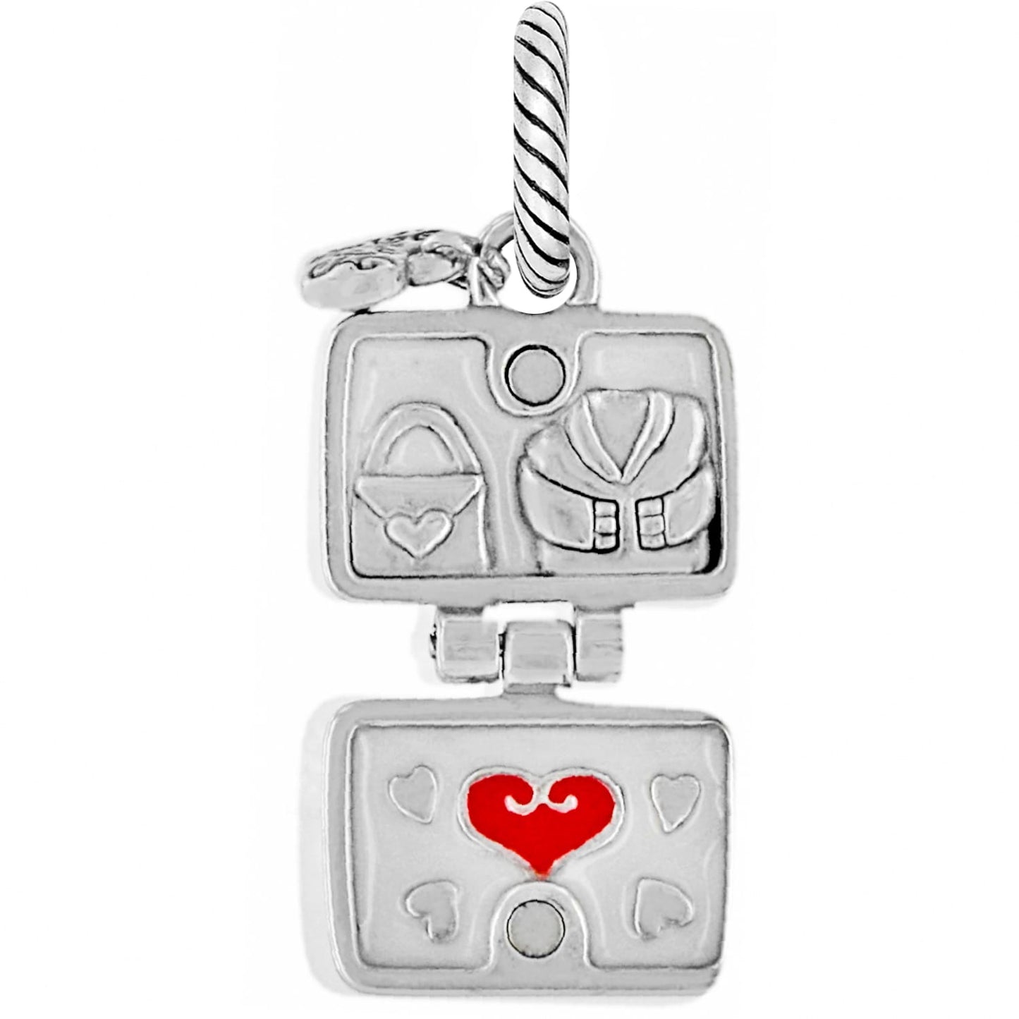 Brighton hinged locket charm shown open with silver-plated clothing motifs and red enamel heart on a white background