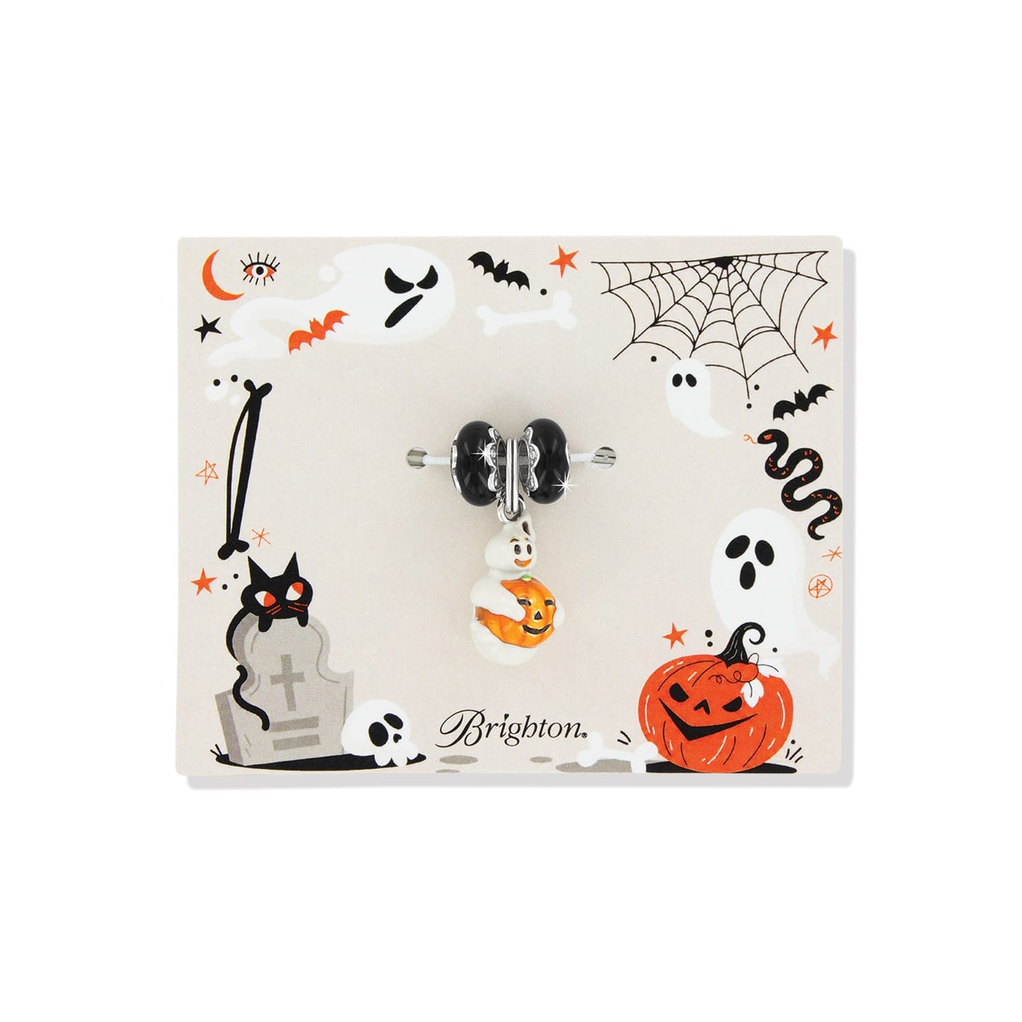 Brighton ghost charm with enamel pumpkin and black beads styled with Halloween illustrated card featuring ghosts and pumpkins